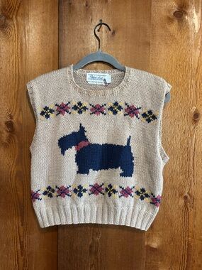 Vintage Argyle Hand Knitted Scottie Dog Sweater Vest Cotton Medium Uruguay